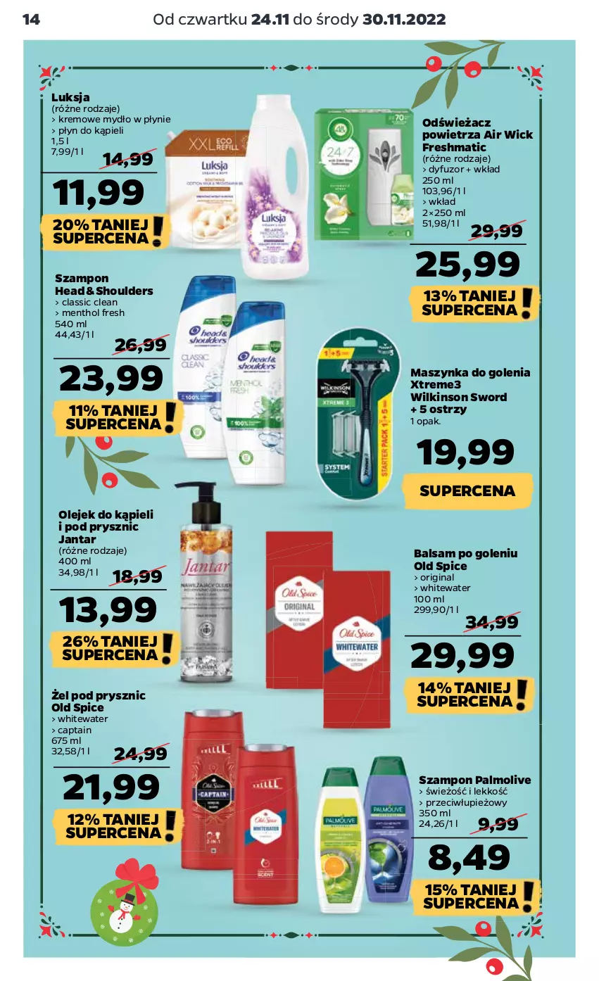 Gazetka promocyjna Netto - Artykuły spożywcze - ważna 24.11 do 30.11.2022 - strona 14 - produkty: Air Wick, Balsam po goleniu, Gin, Luksja, Maszynka, Maszynka do golenia, Mydło, Mydło w płynie, Odświeżacz powietrza, Old Spice, Olej, Palmolive, Płyn do kąpieli, Szampon, Szynka, Wilkinson Sword