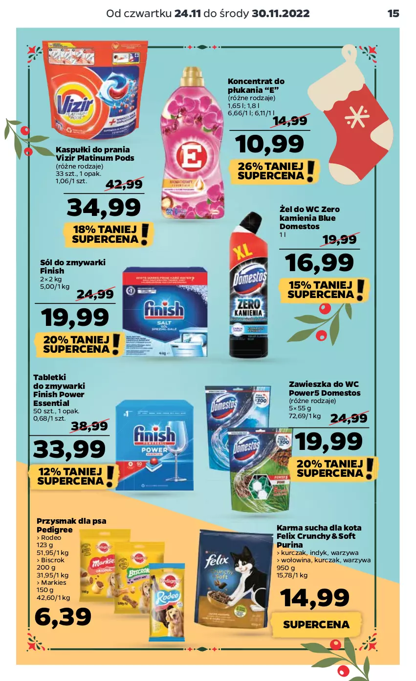 Gazetka promocyjna Netto - Artykuły spożywcze - ważna 24.11 do 30.11.2022 - strona 15 - produkty: Domestos, Felix, Finish, Kurczak, Pedigree, Przysmak dla psa, Pur, Purina, Sól, Tablet, Tabletki do zmywarki, Vizir, Warzywa, Wołowina, Zawieszka do wc, Zmywarki