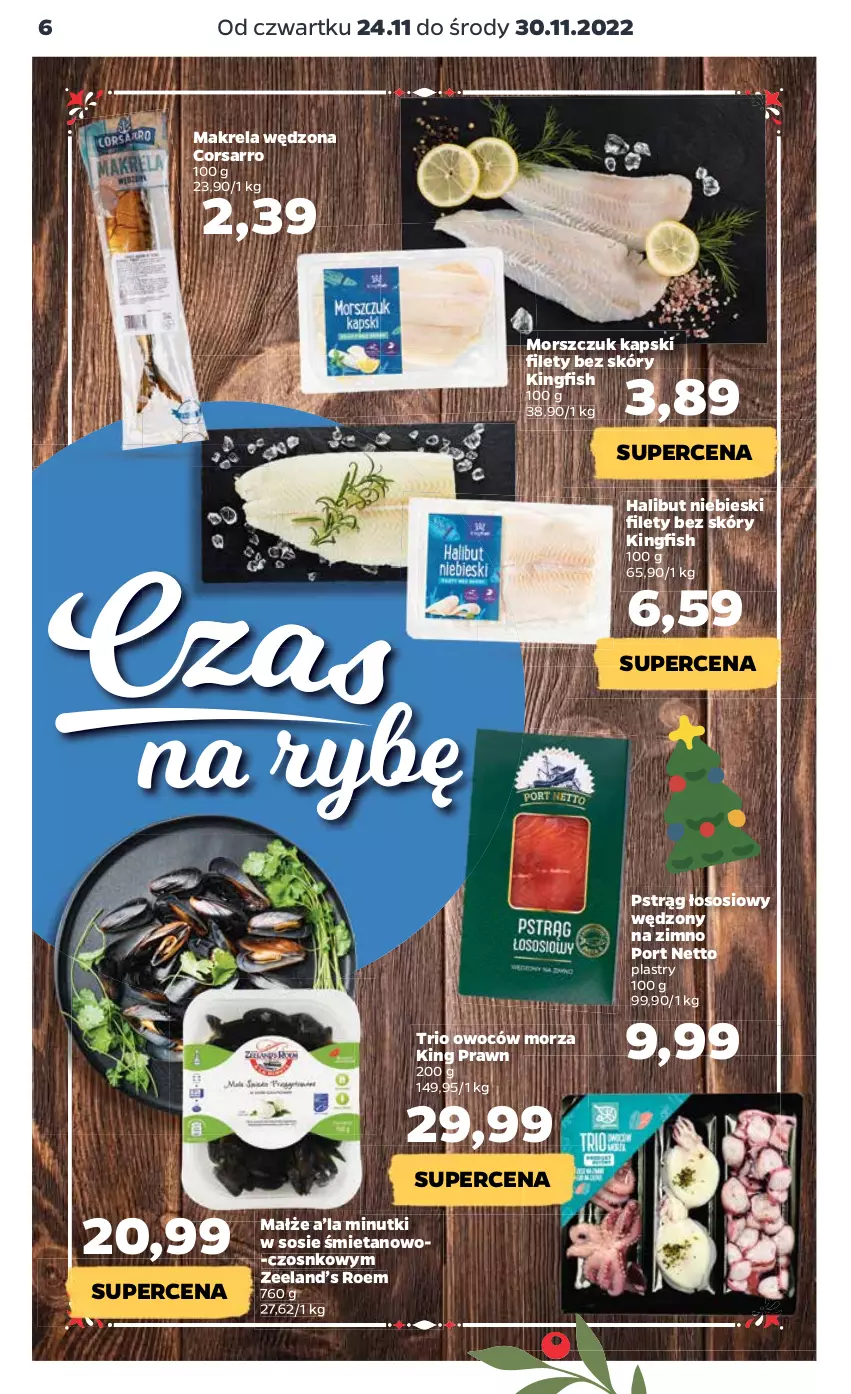 Gazetka promocyjna Netto - Artykuły spożywcze - ważna 24.11 do 30.11.2022 - strona 6 - produkty: Halibut, Małże, Por, Pstrąg, Pstrąg łososiowy, Sos