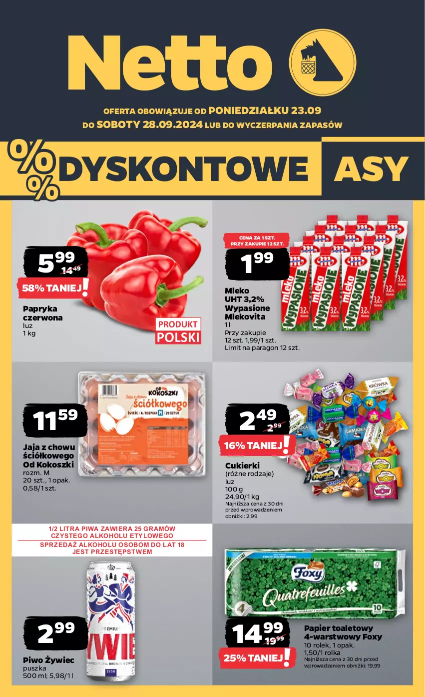 Gazetka promocyjna Netto - Artykuły spożywcze - ważna 23.09 do 28.09.2024 - strona 1 - produkty: Cukier, Cukierki, Foxy, Gra, Jaja, Kokos, Kosz, Mleko, Mlekovita, Papier, Papier toaletowy, Papryka, Papryka czerwona, Piwa, Piwo