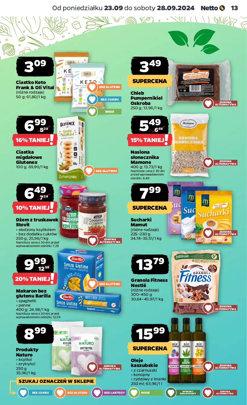 Gazetka promocyjna Netto - Artykuły spożywcze - ważna 23.09 do 28.09.2024 - strona 13 - produkty: Barilla, Chleb, Ciastka, Dżem, Gra, Granola, Ksylitol, Makaron, Nestlé, Olej, Penne, Spaghetti, Tenex