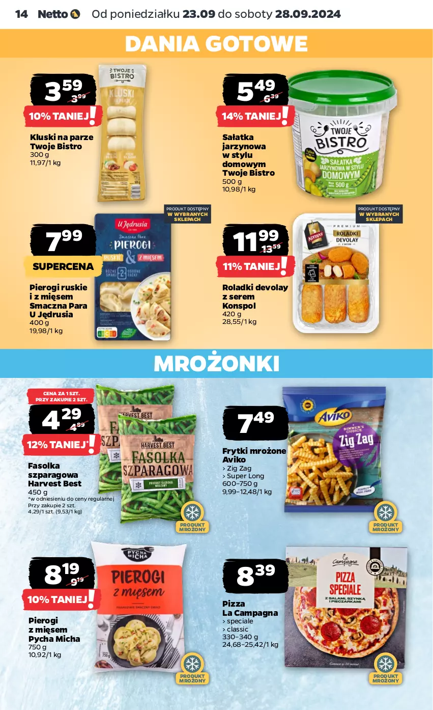 Gazetka promocyjna Netto - Artykuły spożywcze - ważna 23.09 do 28.09.2024 - strona 14 - produkty: Dania gotowe, Fa, Frytki, Kluski na parze, Pierogi, Pizza, Sałat, Sałatka, Ser