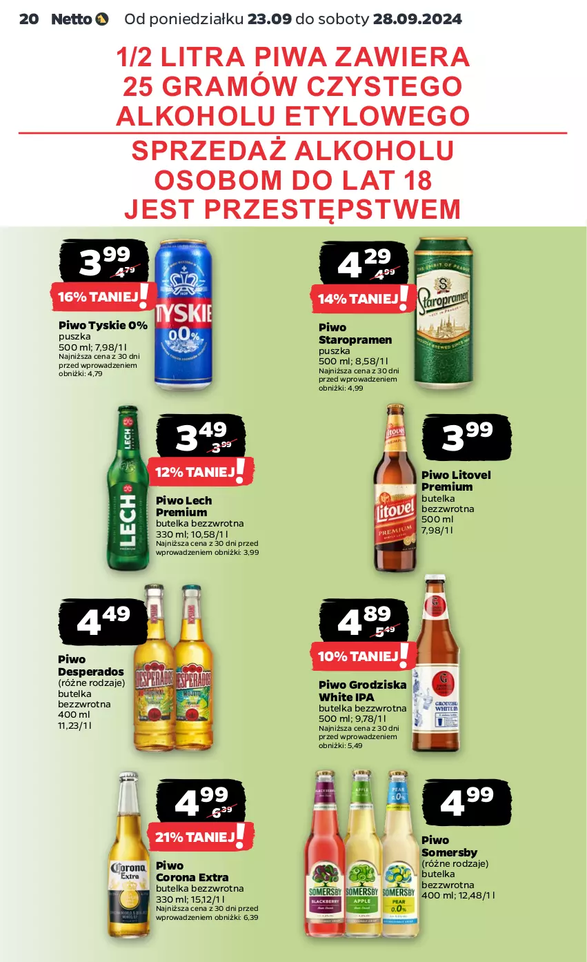 Gazetka promocyjna Netto - Artykuły spożywcze - ważna 23.09 do 28.09.2024 - strona 20 - produkty: Corona Extra, Desperados, Gra, Lech Premium, Piwa, Piwo, Somersby, Tyskie