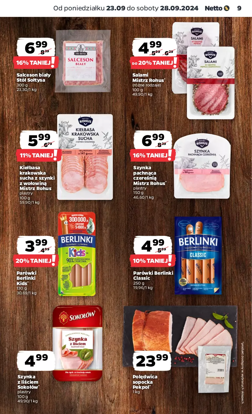 Gazetka promocyjna Netto - Artykuły spożywcze - ważna 23.09 do 28.09.2024 - strona 9 - produkty: Berlinki, Kiełbasa, Kiełbasa krakowska, Parówki, Pekpol, Polędwica, Salami, Salceson, Sok, Sokołów, Stół, Szynka