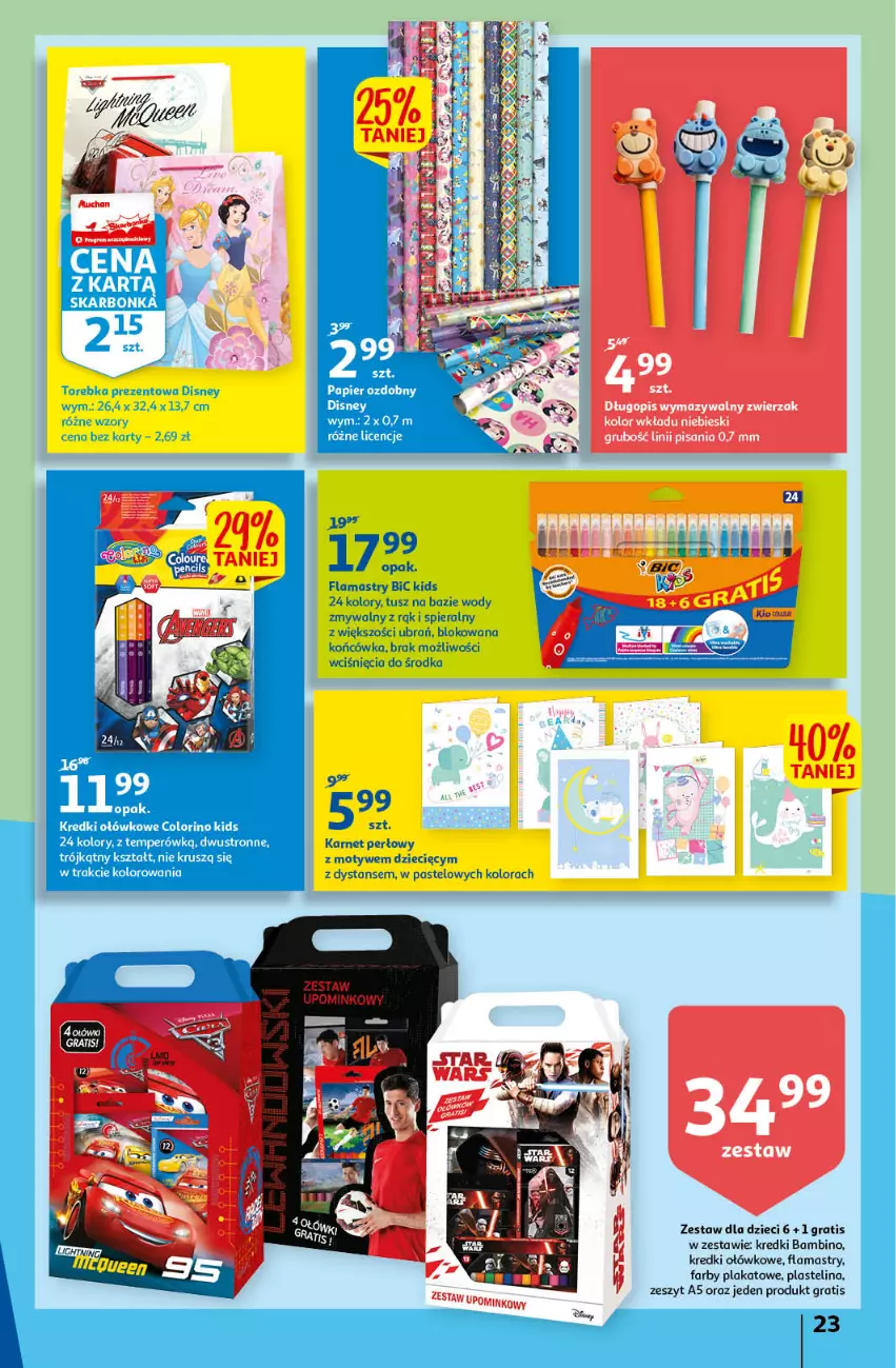 Gazetka promocyjna Auchan - przeNISKIE CENY przeRADOŚĆ dla dzieci Hipermarkety - ważna 26.05 do 01.06.2022 - strona 23 - produkty: BIC, Disney, Dzieci, Fa, Flamastry, Gra, Papier, Papier ozdobny, Plastelina, Torebka, Tusz