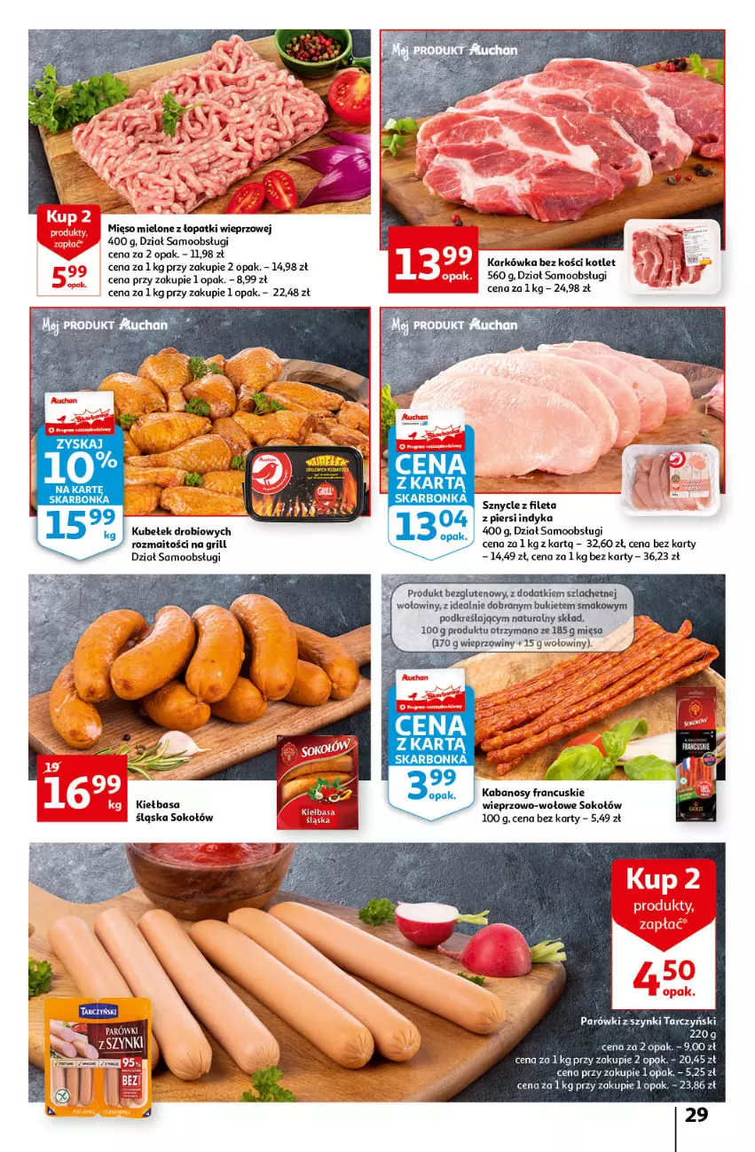 Gazetka promocyjna Auchan - przeNISKIE CENY przeRADOŚĆ dla dzieci Hipermarkety - ważna 26.05 do 01.06.2022 - strona 29 - produkty: Bukiet, Grill, Kabanos, Kiełbasa, Kiełbasa śląska, Kotlet, Mięso, Mięso mielone, Mięso mielone z łopatki wieprzowej, Parówki, Parówki z szynki, Sok, Sokołów, Tarczyński