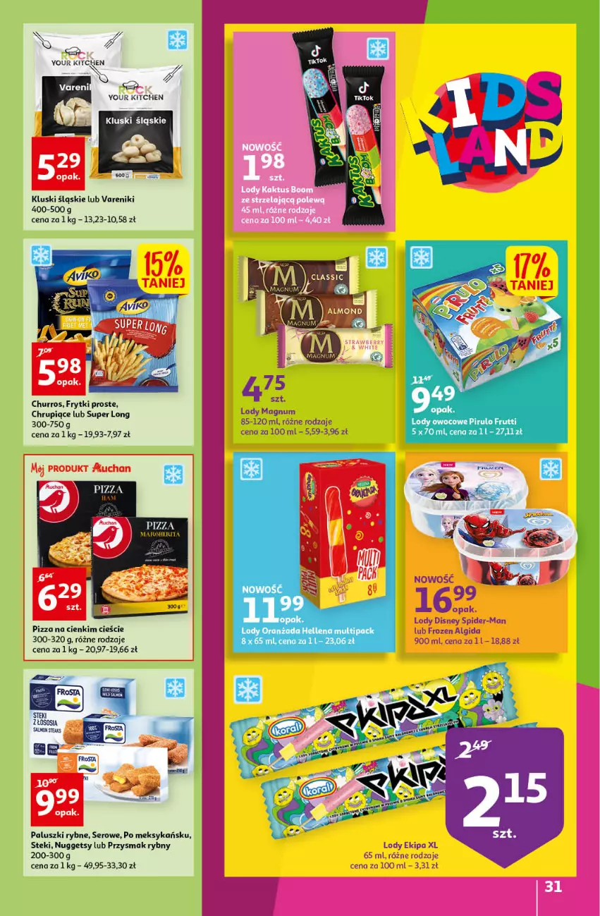 Gazetka promocyjna Auchan - przeNISKIE CENY przeRADOŚĆ dla dzieci Hipermarkety - ważna 26.05 do 01.06.2022 - strona 31 - produkty: Algida, Disney, Frozen, Frytki, Hellena, LG, Lody, Oranżada, Paluszki rybne, Pizza, Pizza margherita, Ser, Stek