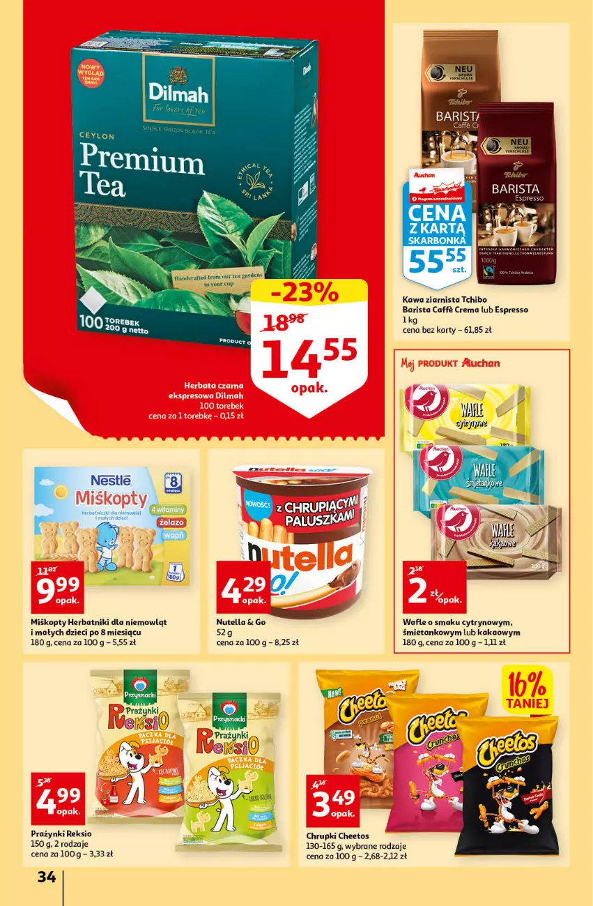 Gazetka promocyjna Auchan - przeNISKIE CENY przeRADOŚĆ dla dzieci Hipermarkety - ważna 26.05 do 01.06.2022 - strona 34 - produkty: Cheetos, Chrupki, Dzieci, Herbatniki, Kakao, Kawa, Kawa ziarnista, Nutella, Tchibo, Tchibo Barista, Wafle