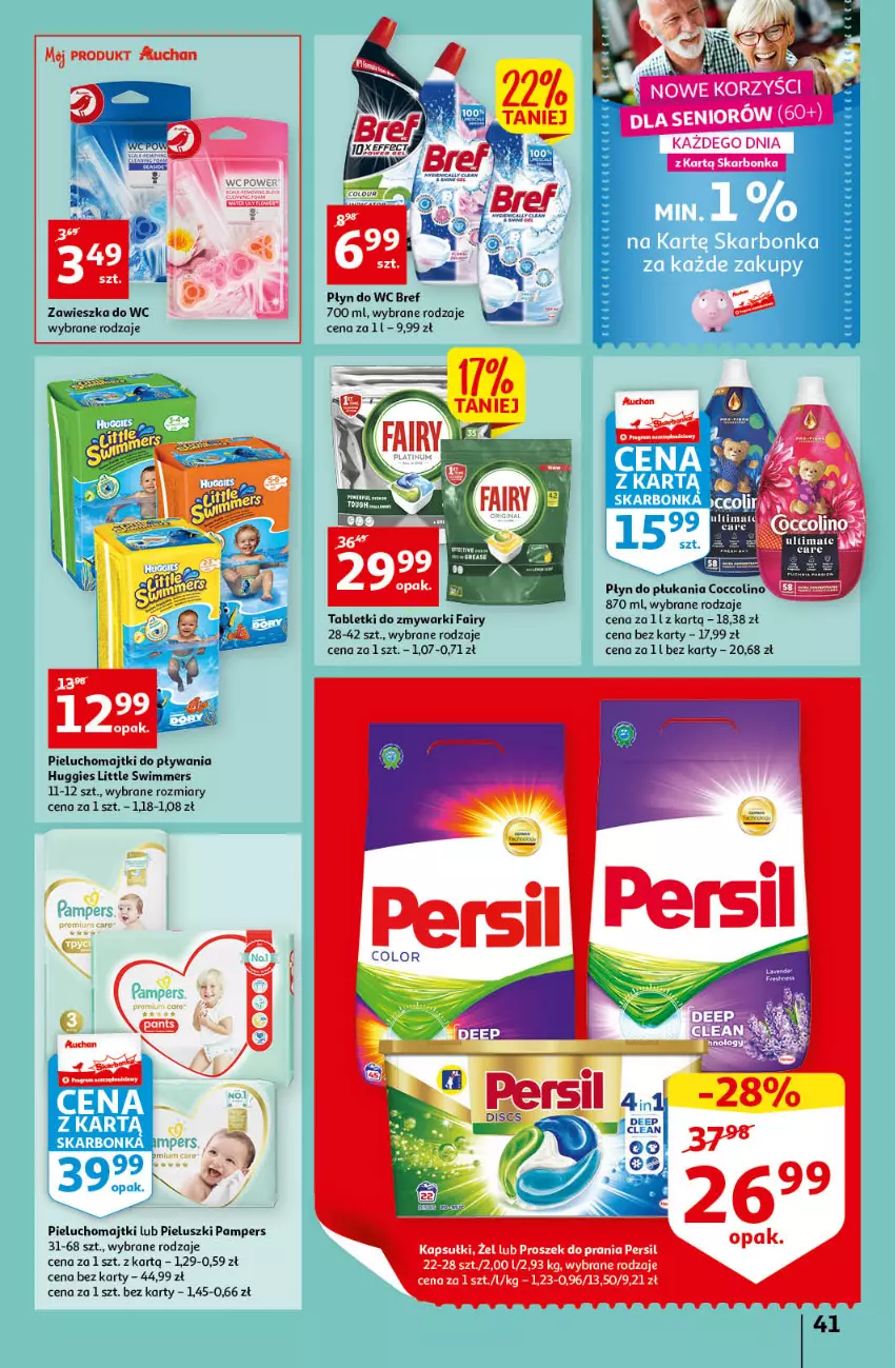 Gazetka promocyjna Auchan - przeNISKIE CENY przeRADOŚĆ dla dzieci Hipermarkety - ważna 26.05 do 01.06.2022 - strona 41 - produkty: Bref, Coccolino, Fa, Fairy, Huggies, Majtki, Pampers, Persil, Pieluchomajtki, Płyn do płukania, Proszek do prania, Tablet, Tabletki do zmywarki, Zawieszka do wc, Zmywarki