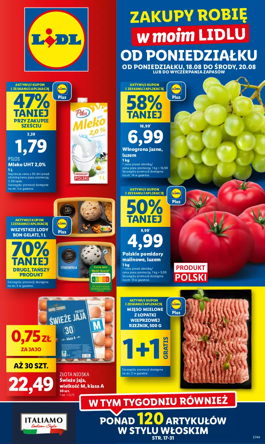Gazetka promocyjna Lidl - GAZETKA - ważna 18.08 do 20.08.2025 - strona 1 - produkty: Gra, Jaja, Lody, Mięso, Mięso mielone, Mięso mielone z łopatki wieprzowej, Mleko, Pilos, Pomidory, Wazon, Wino, Winogrona