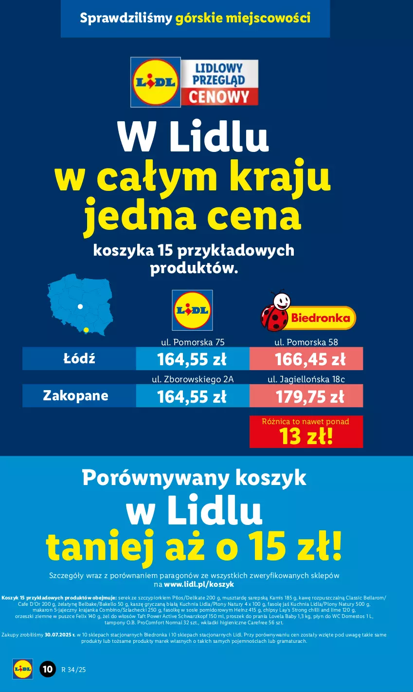 Gazetka promocyjna Lidl - GAZETKA - ważna 18.08 do 20.08.2025 - strona 14 - produkty: Bell, Bella, Carefree, Chipsy, Domestos, Dron, Fa, Felix, Gra, Gry, Heinz, Kamis, Kosz, Kuchnia, Lay’s, Lovela, Makaron, Mus, O.B., Orzeszki, Orzeszki ziemne, Pilos, Płyn do wc, Por, Proszek do prania, Rama, Schwarzkopf, Ser, Serek, Sos, Taft, Tampony, Wkładki