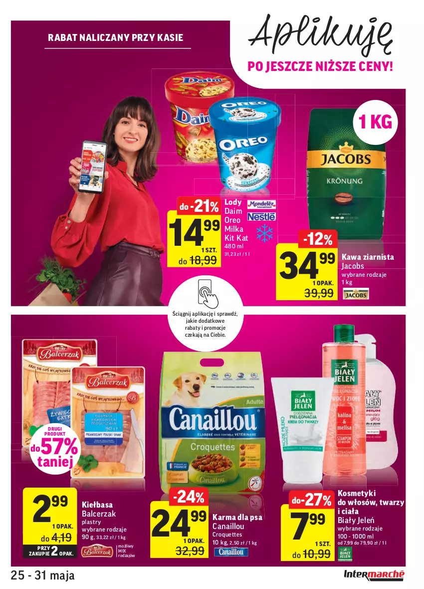 Gazetka promocyjna Intermarche - Dzień Dziecka, Dzień Mamy - ważna 25.05 do 31.05.2021 - strona 13 - produkty: Biały Jeleń, Canaillou, Jacobs, Kawa, Kawa ziarnista, Kiełbasa, Kit Kat, Lody, Milka, Oreo