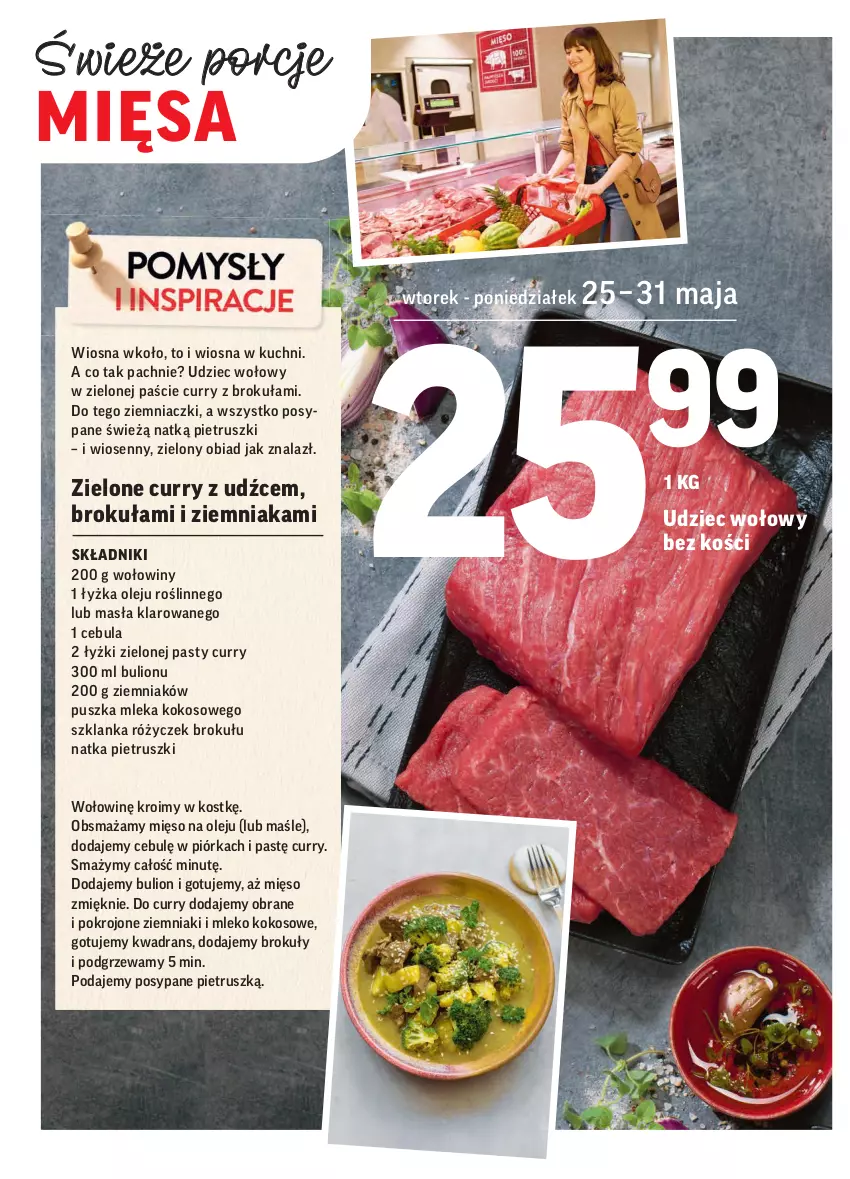 Gazetka promocyjna Intermarche - Dzień Dziecka, Dzień Mamy - ważna 25.05 do 31.05.2021 - strona 20 - produkty: Brokuły, Bulion, Cebula, Kokos, Lion, Mięso, Mleko, Mleko kokosowe, Natka pietruszki, Olej, Por, Szklanka, Udziec wołowy, Ziemniaki