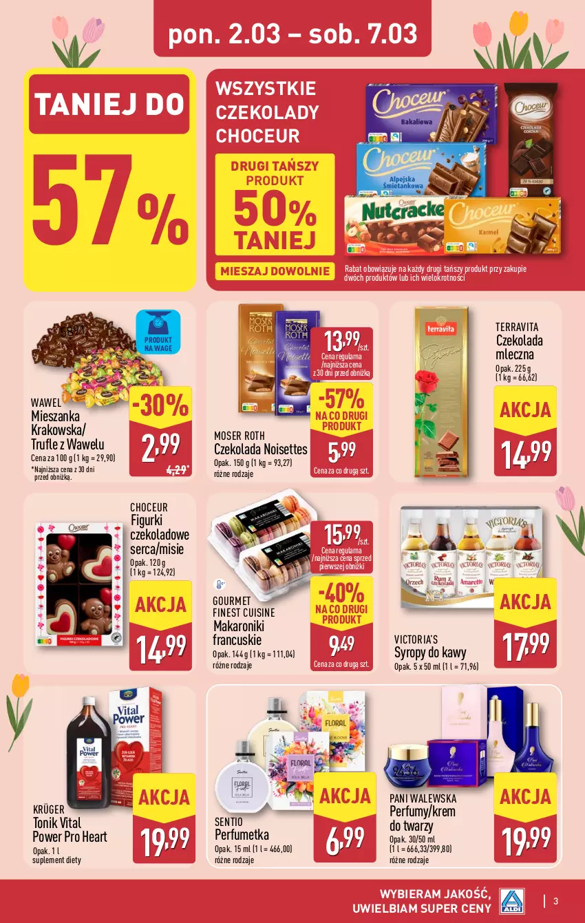 Gazetka promocyjna Aldi - Dzień kobiet - ważna 02.03 do 07.03.2026 - strona 3 - produkty: Czekolada, Czekolada mleczna, Krem do twarzy, Makaron, Moser Roth, Perfum, Ser, Suplement diety, Syrop, Syropy, Tonik, Wawel