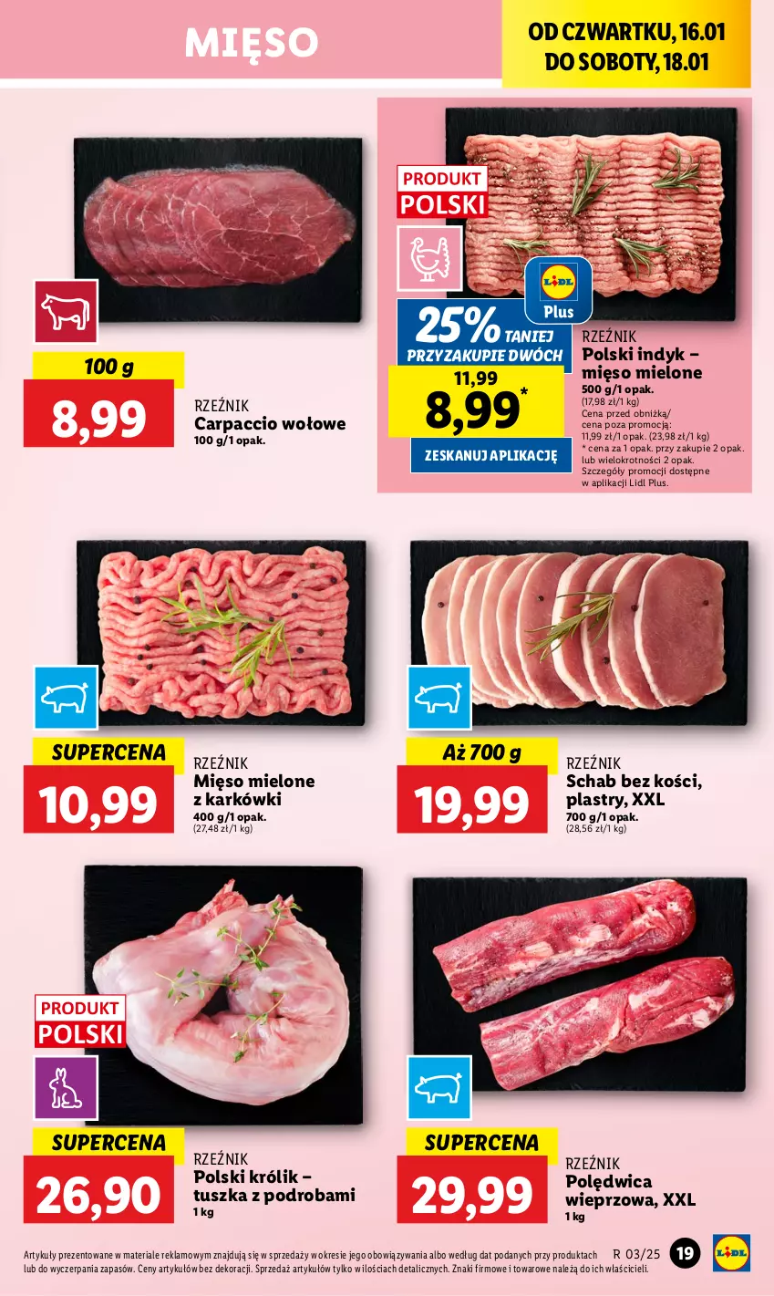 Gazetka promocyjna Lidl - GAZETKA - ważna 16.01 do 18.01.2025 - strona 21 - produkty: Carpaccio, Królik, Mięso, Mięso mielone, Polędwica, Schab bez kości, Tusz