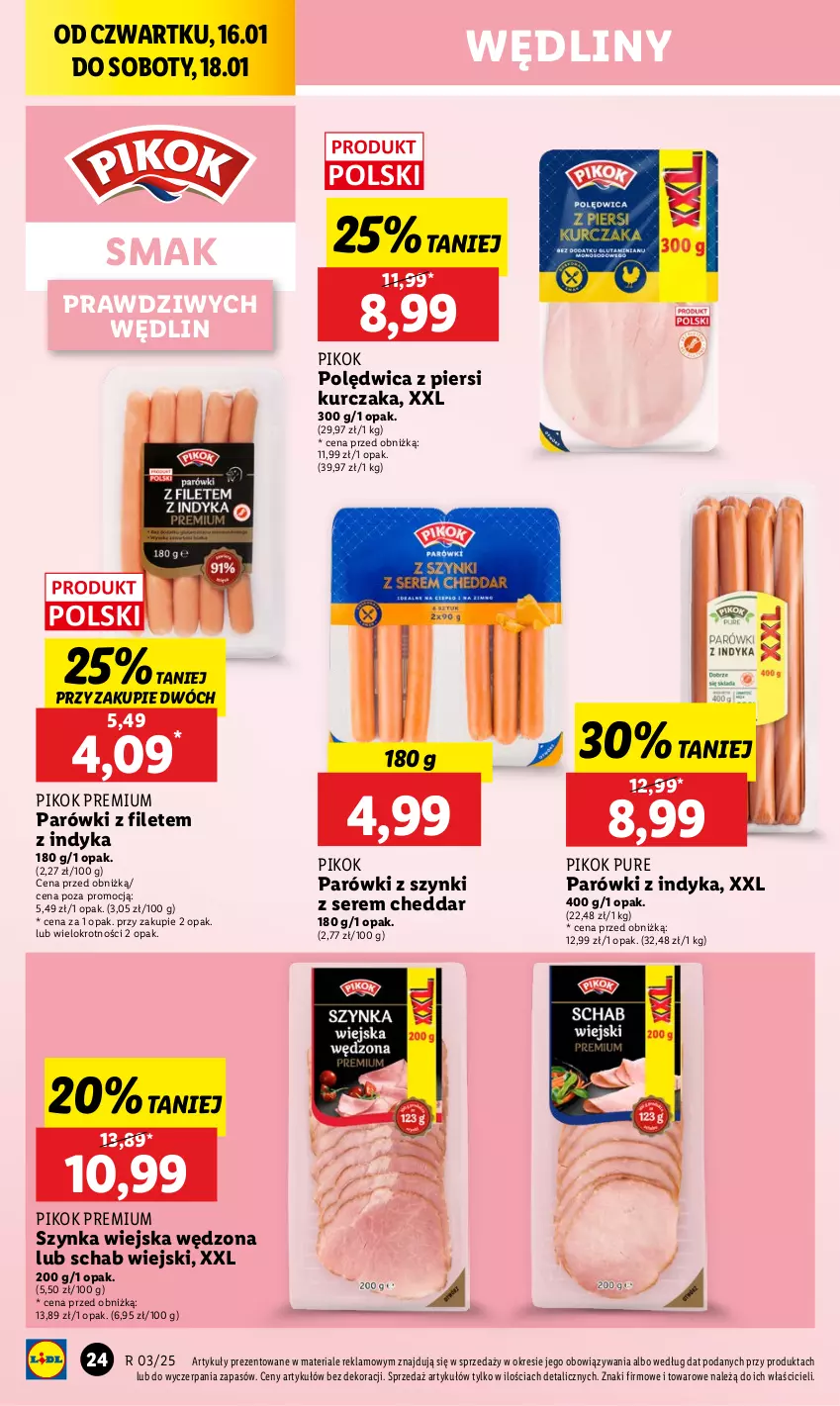 Gazetka promocyjna Lidl - GAZETKA - ważna 16.01 do 18.01.2025 - strona 26 - produkty: Cheddar, Kurczak, Parówki, Parówki z indyka, Parówki z szynki, PIKOK, Polędwica, Pur, Ser, Szynka