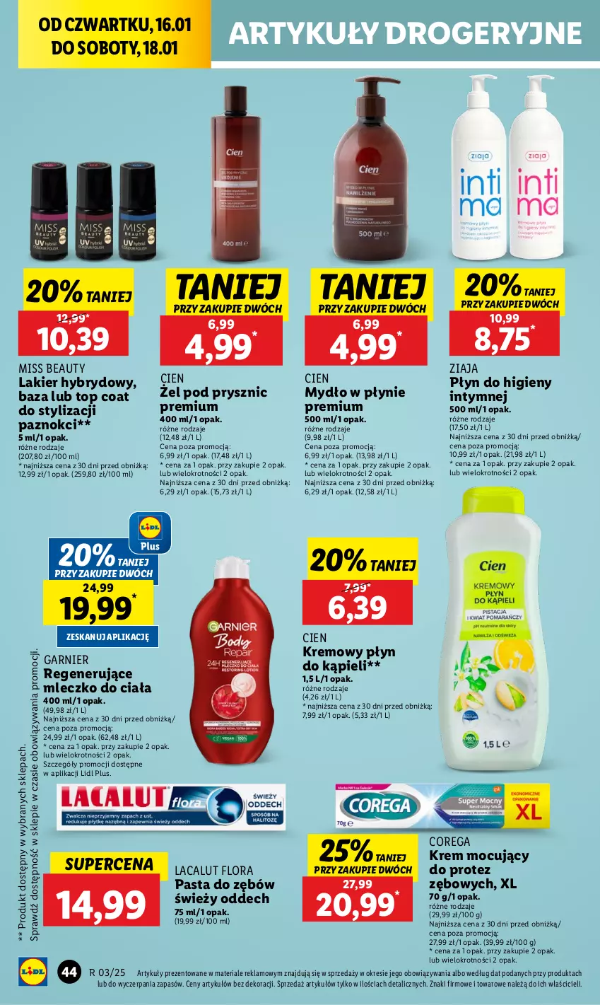 Gazetka promocyjna Lidl - GAZETKA - ważna 16.01 do 18.01.2025 - strona 48 - produkty: Corega, Flora, Garnier, Lacalut, Lakier, Lakier hybrydowy, Mleczko, Mleczko do ciała, Mydło, Mydło w płynie, Pasta do zębów, Płyn do higieny intymnej, Płyn do kąpieli, Top, Ziaja