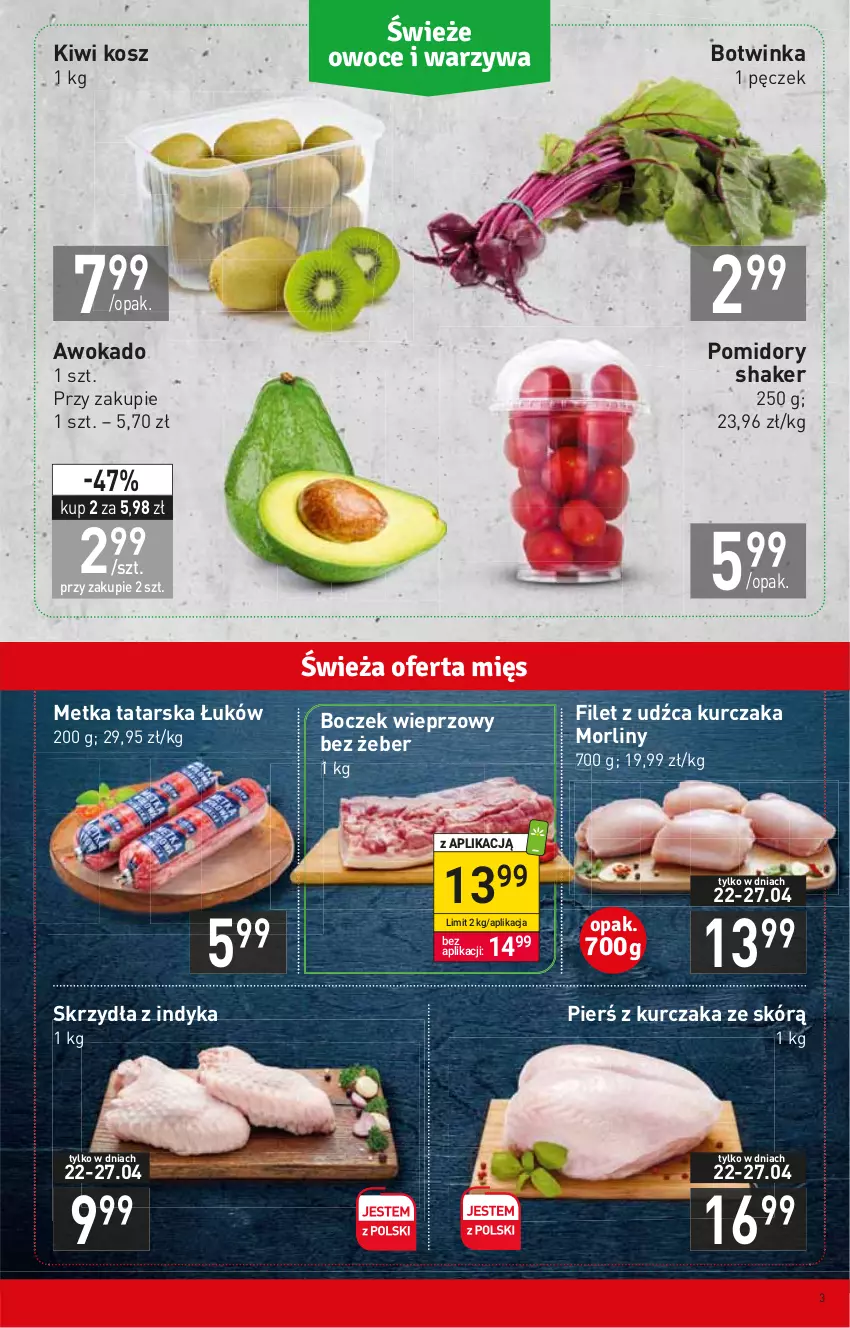 Gazetka promocyjna Stokrotka - Market - ważna 21.04 do 27.04.2022 - strona 3 - produkty: Boczek, Boczek wieprzowy, Inka, Kiwi, Kosz, Kurczak, Metka tatarska, Morliny, Pomidory