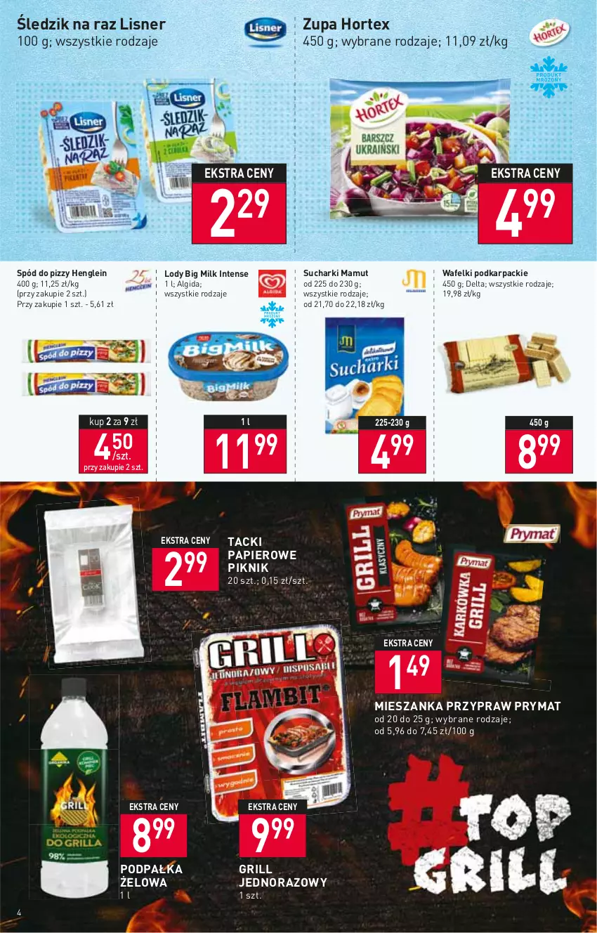 Gazetka promocyjna Stokrotka - Market - ważna 21.04 do 27.04.2022 - strona 4 - produkty: Algida, Big Milk, Grill, Hortex, Karp, LG, Lisner, Lody, Papier, Prymat, Spód do pizzy, Zupa