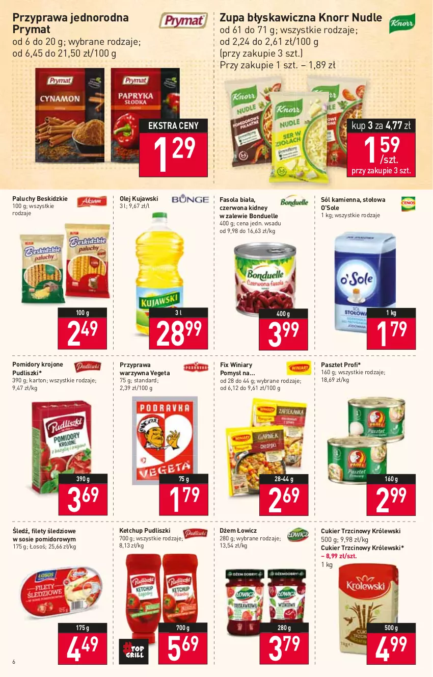 Gazetka promocyjna Stokrotka - Market - ważna 21.04 do 27.04.2022 - strona 6 - produkty: Beskidzki, Bonduelle, Cukier, Cukier trzcinowy, Dżem, Fa, Fasola, Ketchup, Knorr, Królewski, Kujawski, Olej, Pasztet, Pomidory, Pomidory krojone, Prymat, Pudliszki, Sól, Sos, Vegeta, Winiary, Zupa