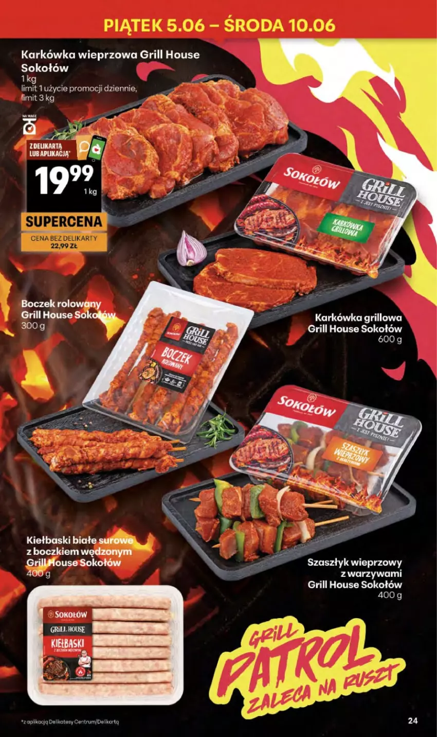 Gazetka promocyjna Delikatesy Centrum - Franczyza DC23 Czwartek - ważna 03.06 do 10.06.2026 - strona 24 - produkty: Boczek, Grill, Karkówka wieprzowa, Kiełbaski białe, Rum, Sok, Sokołów, Warzywa