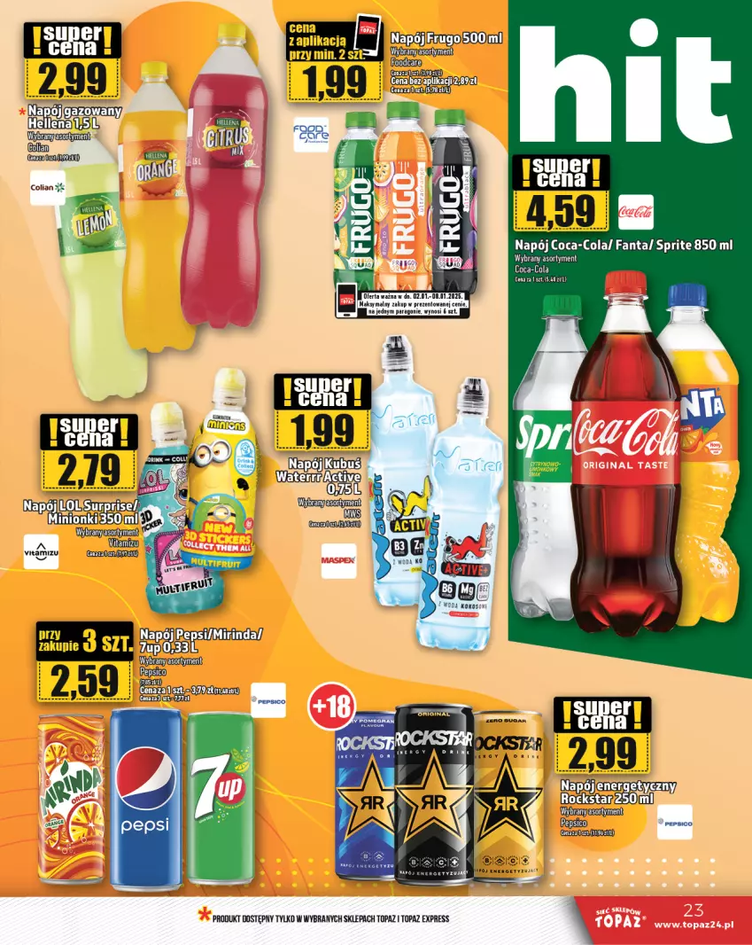 Gazetka promocyjna Topaz - Gazetka - ważna 02.01 do 08.01.2025 - strona 23 - produkty: Mirinda, Napój, Pepsi, Top