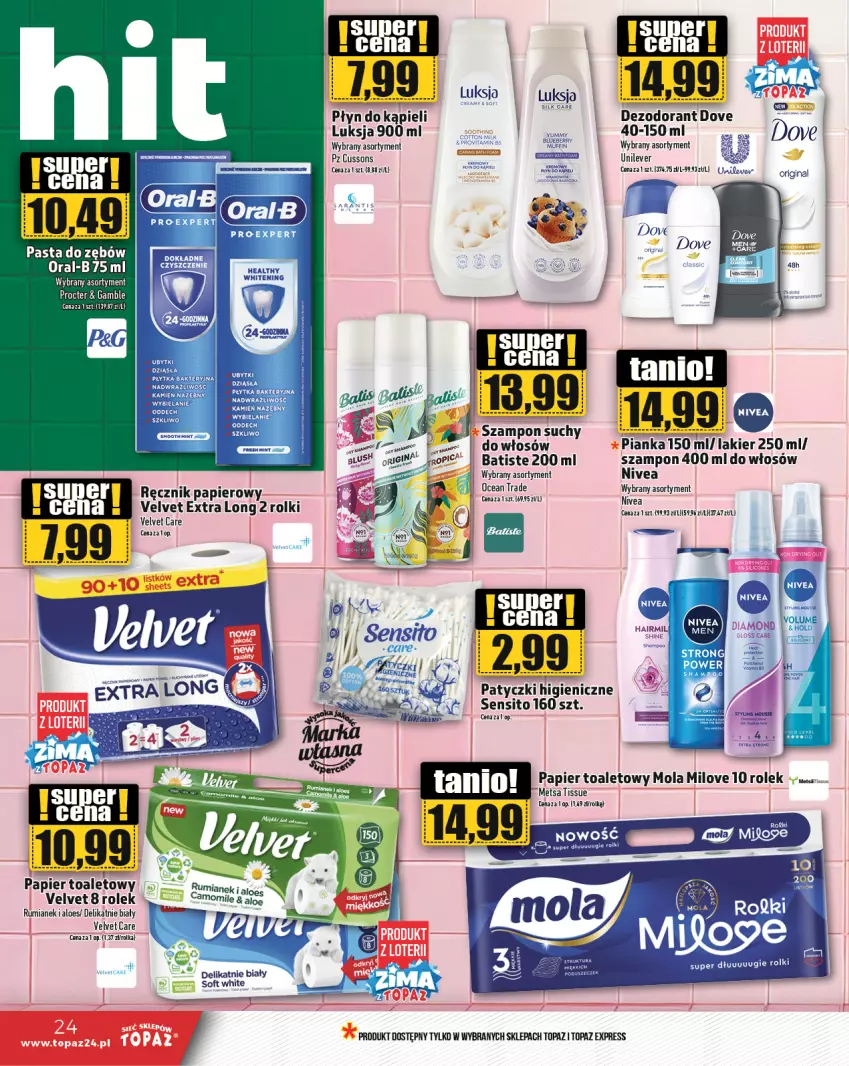 Gazetka promocyjna Topaz - Gazetka - ważna 02.01 do 08.01.2025 - strona 24 - produkty: Batiste, Dezodorant, Dove, Lakier, Luksja, Mola, Nivea, Papier, Papier toaletowy, Pasta do zębów, Płyn do kąpieli, Ręcznik, Rolki, Rum, Sito, Szampon, Top, Velvet