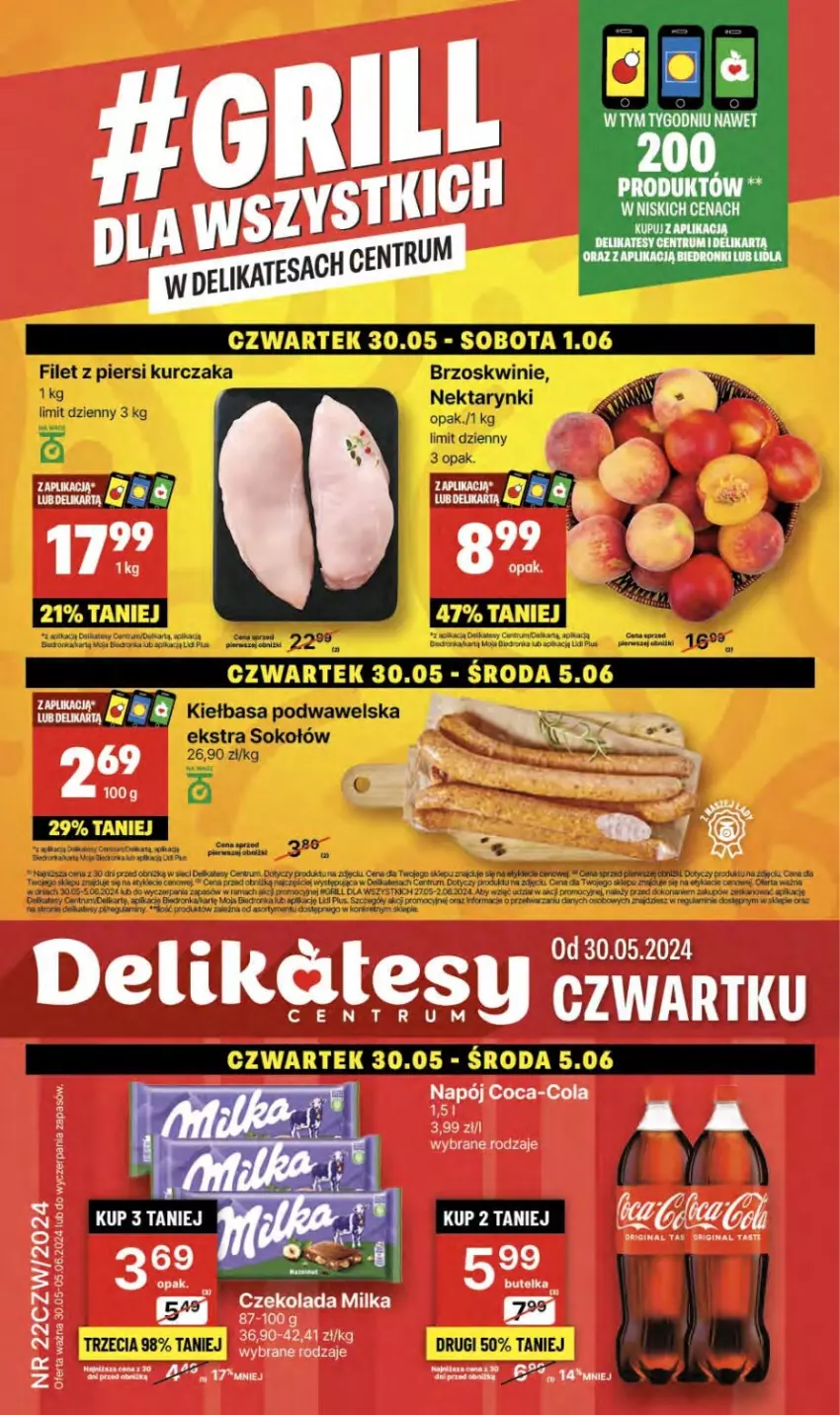 Gazetka promocyjna Delikatesy Centrum - NOWA GAZETKA Delikatesy Centrum od 30 maja! 30.05-05.06.2024 - ważna 30.05 do 05.06.2024 - strona 1 - produkty: Brzoskwinie, Coca-Cola, Filet z piersi kurczaka, Gin, Kiełbasa, Kiełbasa podwawelska, Kret, Kurczak, Napój, Nektar, Orka, Rama, Rum, Sok, Sokołów, Wawel