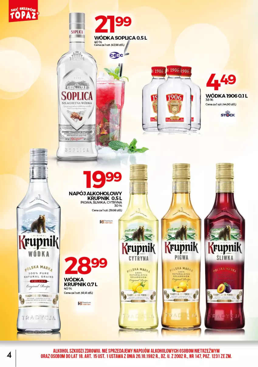 Gazetka promocyjna Topaz - Gazetka - ważna 01.08 do 31.08.2021 - strona 4 - produkty: Fa, Gin, Gra, Krupnik, Napój, Pur, Ser, Soplica, Wódka