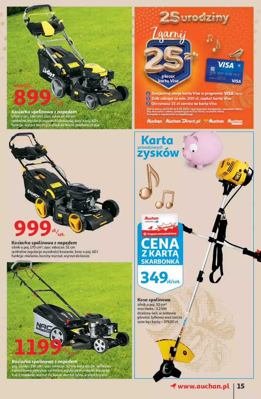 Gazetka promocyjna Auchan - 25 Urodziny – Życzymy Wszystkiego Kwitnącego - ważna 22.04 do 04.05.2021 - strona 15 - produkty: Kosiarka, Kosiarka spalinowa z napędem, Kosz, Ser, Sok