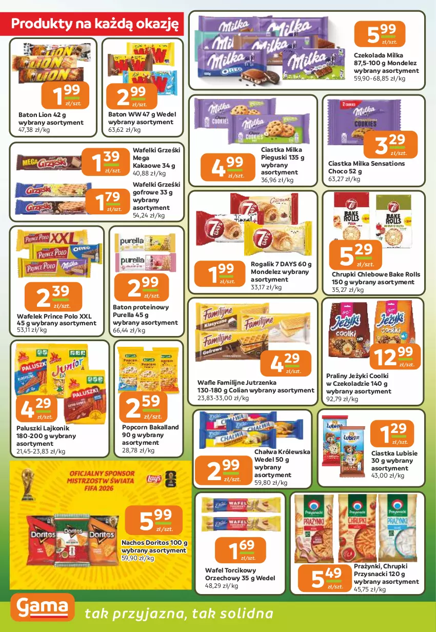 Gazetka promocyjna Gama - Gazetka Gama - ważna 02.06 do 16.06.2026 - strona 4 - produkty: 7 Days, Bakalland, Bake Rolls, Baton, Chałwa, Chleb, Chrupki, Chrupki chlebowe, Ciastka, Czekolada, Fa, Grześki, Jeżyki, Jutrzenka, Kakao, Lajkonik, Lion, Lubisie, Milka, Popcorn, Praliny, Prince Polo, Przysnacki, Pur, Rogal, Sati, Wafelek