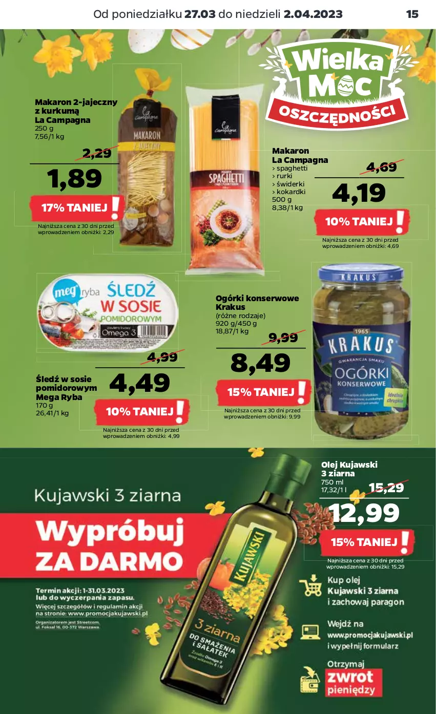 Gazetka promocyjna Netto - Artykuły spożywcze - ważna 27.03 do 02.04.2023 - strona 15 - produkty: Krakus, Kujawski, Makaron, Ogórki konserwowe, Olej, Rurki, Ryba, Ser, Sos, Spaghetti