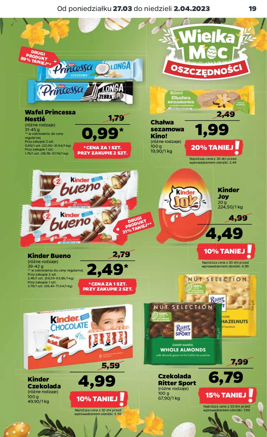 Gazetka promocyjna Netto - Artykuły spożywcze - ważna 27.03 do 02.04.2023 - strona 19 - produkty: Chałwa, Czekolada, Kinder, Kinder Bueno, Nestlé, Por, Princessa, Ritter Sport, Sezam, Sport