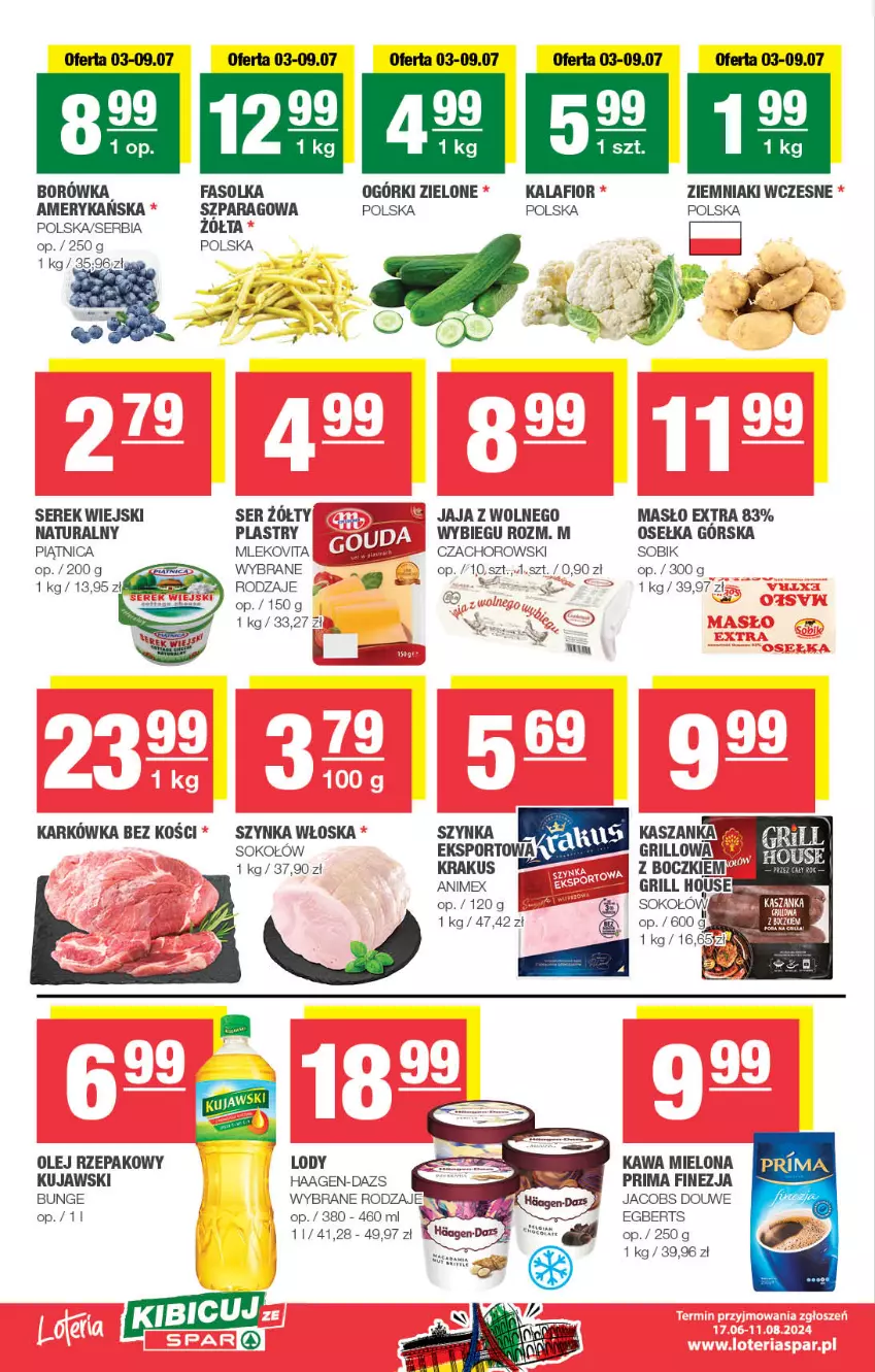 Gazetka promocyjna Spar - Spar-Mini - ważna 30.06 do 10.07.2024 - strona 2 - produkty: BIC, Borówka, Fa, Jacobs, Jaja, Kalafior, Kawa, Kawa mielona, Krakus, Kujawski, Lody, Masło, Mleko, Mlekovita, Olej, Olej rzepakowy, Piątnica, Por, Prima, Ser, Serek, Serek wiejski, Sok, Sokołów, Sport, Szynka, Vita C, Ziemniaki