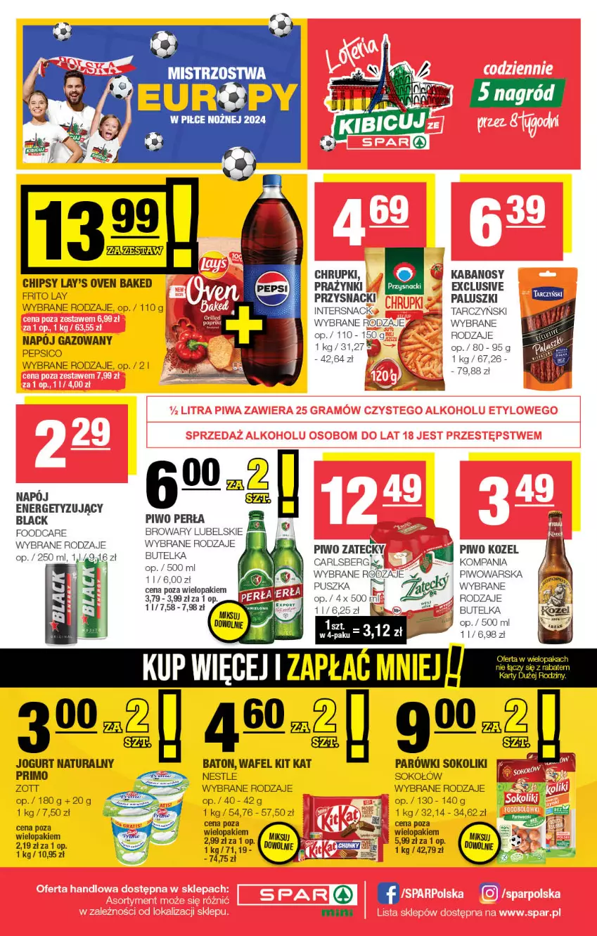 Gazetka promocyjna Spar - Spar-Mini - ważna 30.06 do 10.07.2024 - strona 4 - produkty: Baton, Carlsberg, Chipsy, Chrupki, Jogurt, Jogurt naturalny, Kabanos, Kit Kat, Kozel, Lack, Napój, Napój gazowany, Noż, Parówki, Parówki sokoliki, Pepsi, Perła, Piwo, Przysnacki, Sok, Sokołów, Tarczyński, Zott