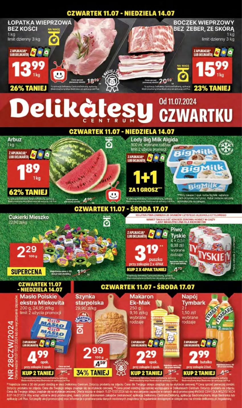 Gazetka promocyjna Delikatesy Centrum - NOWA GAZETKA Delikatesy Centrum od 11 lipca! 11-17.07.2024 - ważna 11.07 do 17.07.2024 - strona 1 - produkty: Arbuz, Boczek, Boczek wieprzowy, Cukier, Cukierki, Dron, Fa, Gra, LG, Makaron, Masło, Mleko, Mlekovita, Orka, Piec, Piwa, Puma, Rama, Rum, Szynka