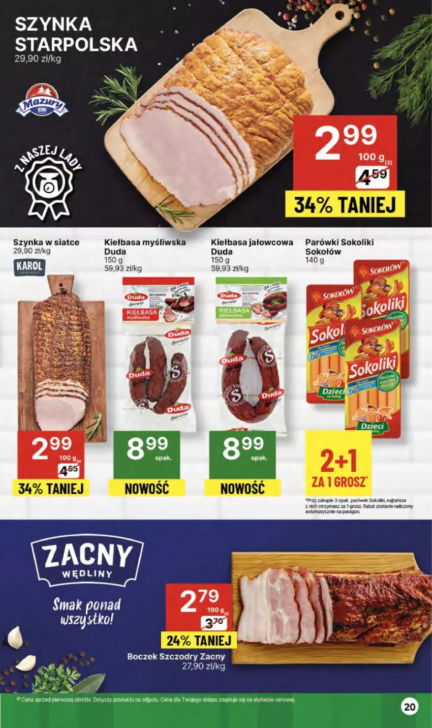 Gazetka promocyjna Delikatesy Centrum - NOWA GAZETKA Delikatesy Centrum od 11 lipca! 11-17.07.2024 - ważna 11.07 do 17.07.2024 - strona 20 - produkty: Boczek, Duda, Dzieci, Kiełbasa, Parówki, Parówki sokoliki, Sok, Sokołów, Szynka