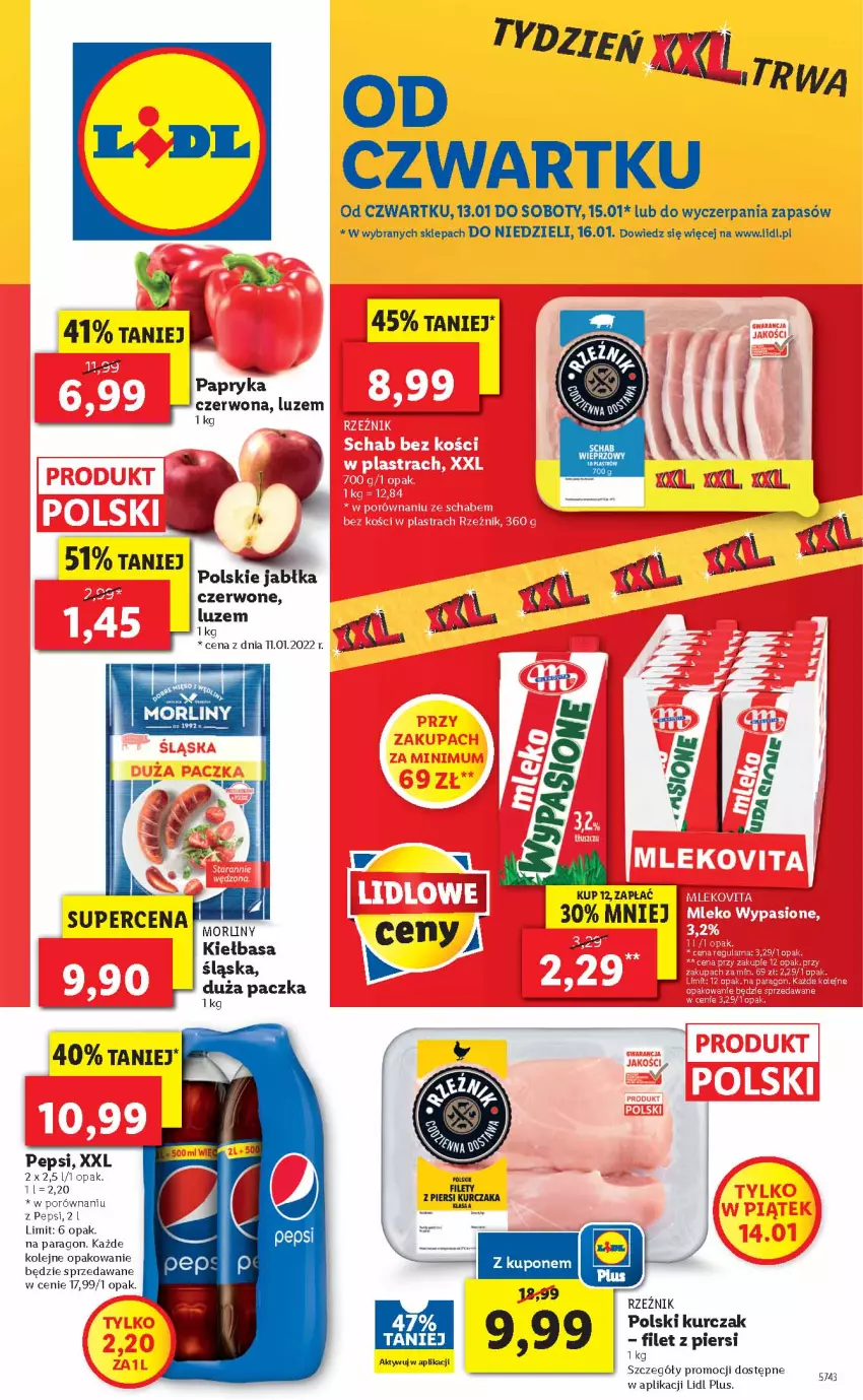 Gazetka promocyjna Lidl - GAZETKA - ważna 13.01 do 16.01.2022 - strona 1 - produkty: Kiełbasa, Kurczak, Mleko, Olej, Papryka, Papryka czerwona, Pepsi, Por