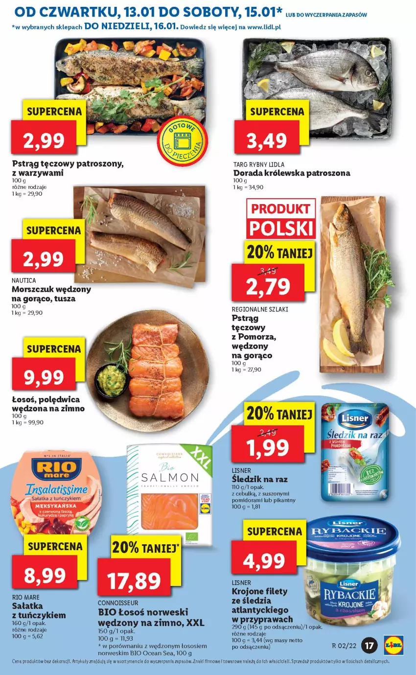 Gazetka promocyjna Lidl - GAZETKA - ważna 13.01 do 16.01.2022 - strona 17 - produkty: Fa, Gala, Lisner, Polędwica, Por, Pstrąg, Pstrąg tęczowy, Rio Mare, Sałat, Sałatka, Sos, Tuńczyk, Tusz, Warzywa