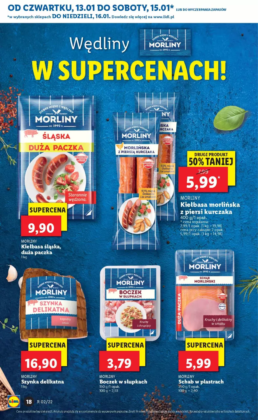 Gazetka promocyjna Lidl - GAZETKA - ważna 13.01 do 16.01.2022 - strona 18 - produkty: Boczek, Kiełbasa, Kiełbasa śląska, Kurczak, Morliny, Szynka