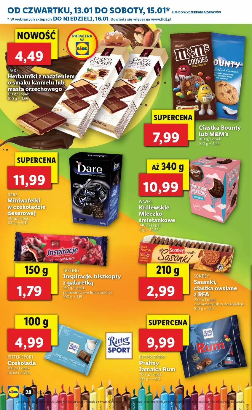 Gazetka promocyjna Lidl - GAZETKA - ważna 13.01 do 16.01.2022 - strona 28 - produkty: Biszkopty, Bounty, Ciastka, Ciastka owsiane, Czekolada, Deser, Gala, Herbatniki, Królewski, Mleczko, Por, Praliny, Ritter Sport, Rum, Sanki, Ser, Sezam, Sport, Wawel