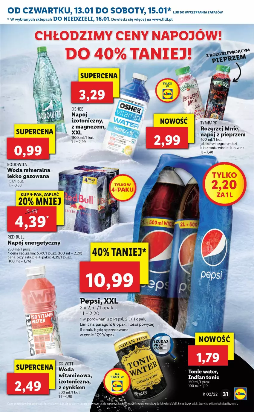 Gazetka promocyjna Lidl - GAZETKA - ważna 13.01 do 16.01.2022 - strona 31 - produkty: Aronia, Cynk, Liczi, Napój, Napój energetyczny, Napój izotoniczny, Oshee, Pepsi, Pieprz, Por, Red Bull, Wino, Winogrona, Woda, Woda mineralna