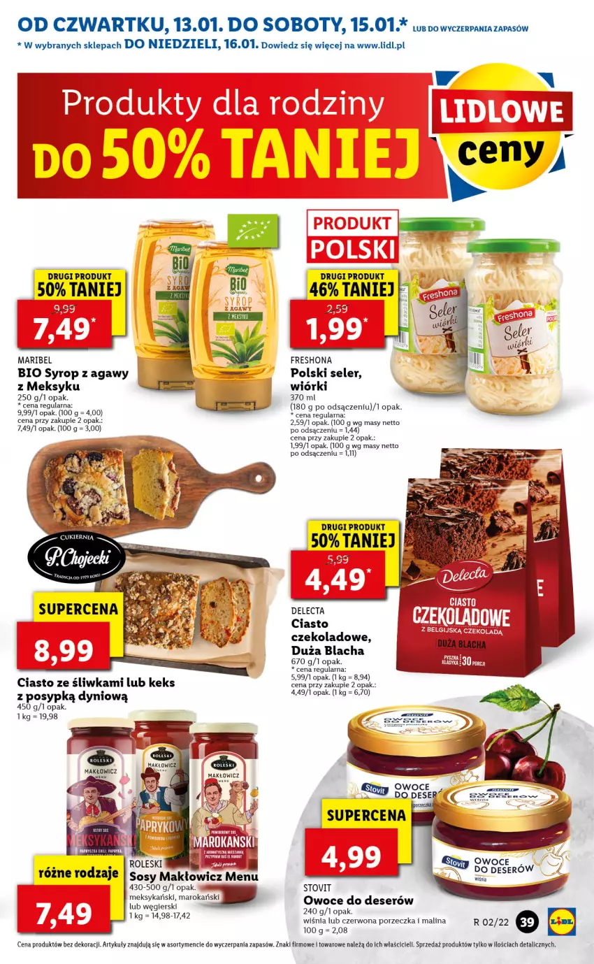 Gazetka promocyjna Lidl - GAZETKA - ważna 13.01 do 16.01.2022 - strona 39 - produkty: Ciasto czekoladowe, Delecta, Deser, Owoce, Por, Ser, Sos, Syrop