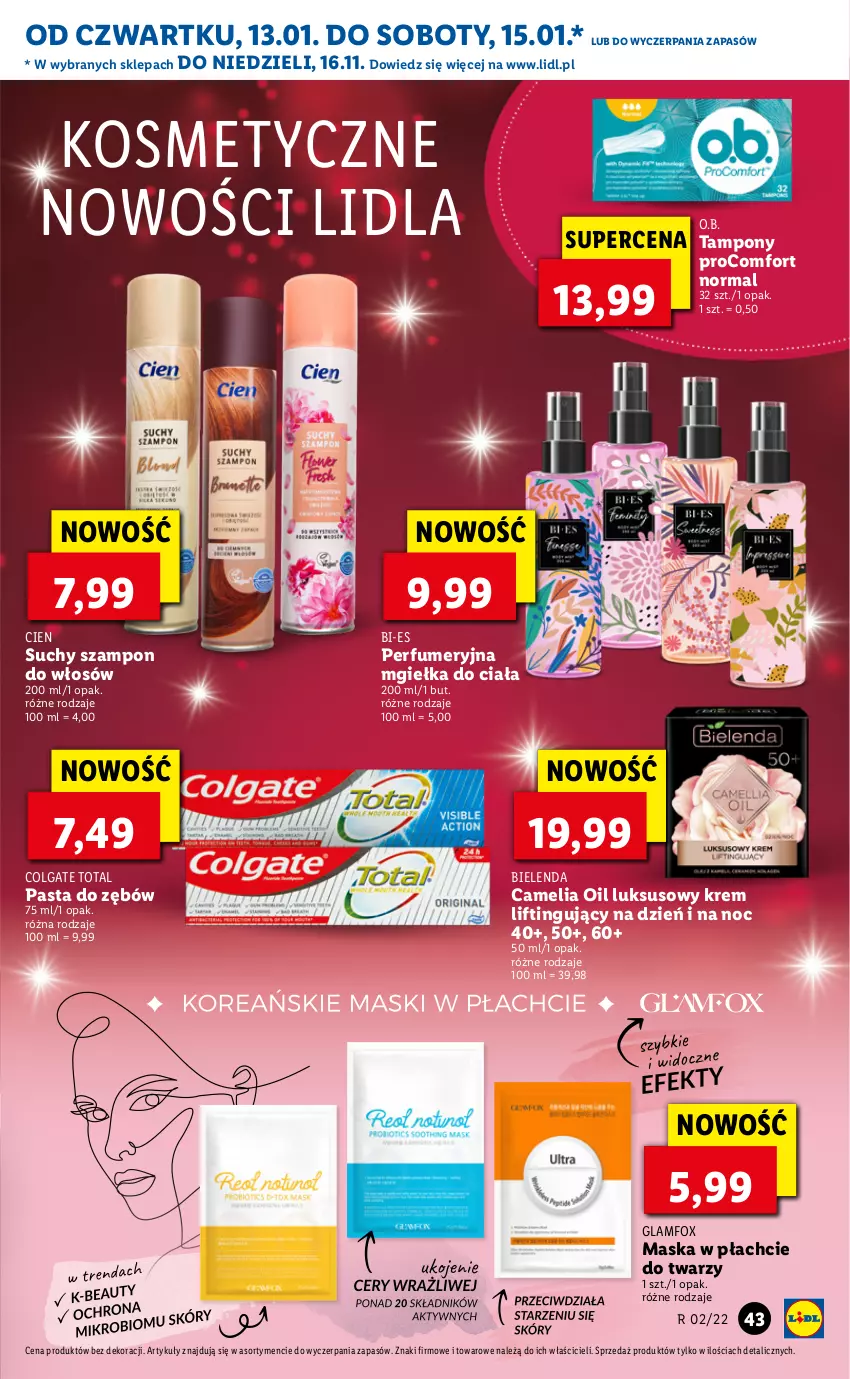 Gazetka promocyjna Lidl - GAZETKA - ważna 13.01 do 16.01.2022 - strona 43 - produkty: Bielenda, Colgate, Colgate Total, LG, Maska, Maska w płachcie, O.B., Pasta do zębów, Perfum, Suchy szampon, Szampon, Tampony