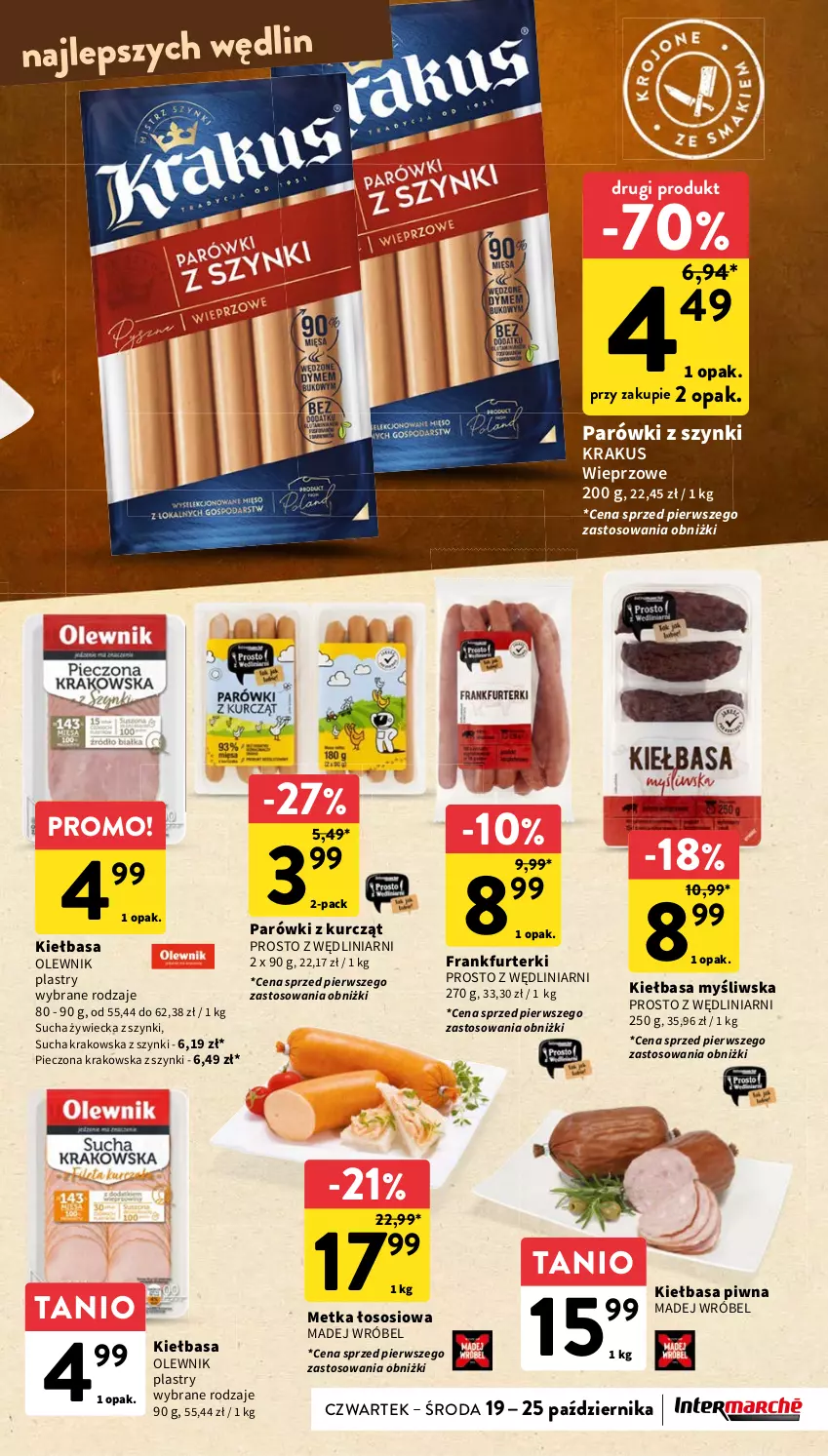 Gazetka promocyjna Intermarche - Gazetka Intermarche - ważna 19.10 do 25.10.2023 - strona 21 - produkty: Frankfurterki, Kiełbasa, Kiełbasa piwna, Krakus, Madej Wróbel, Olewnik, Parówki, Parówki z szynki, Piec, Sos