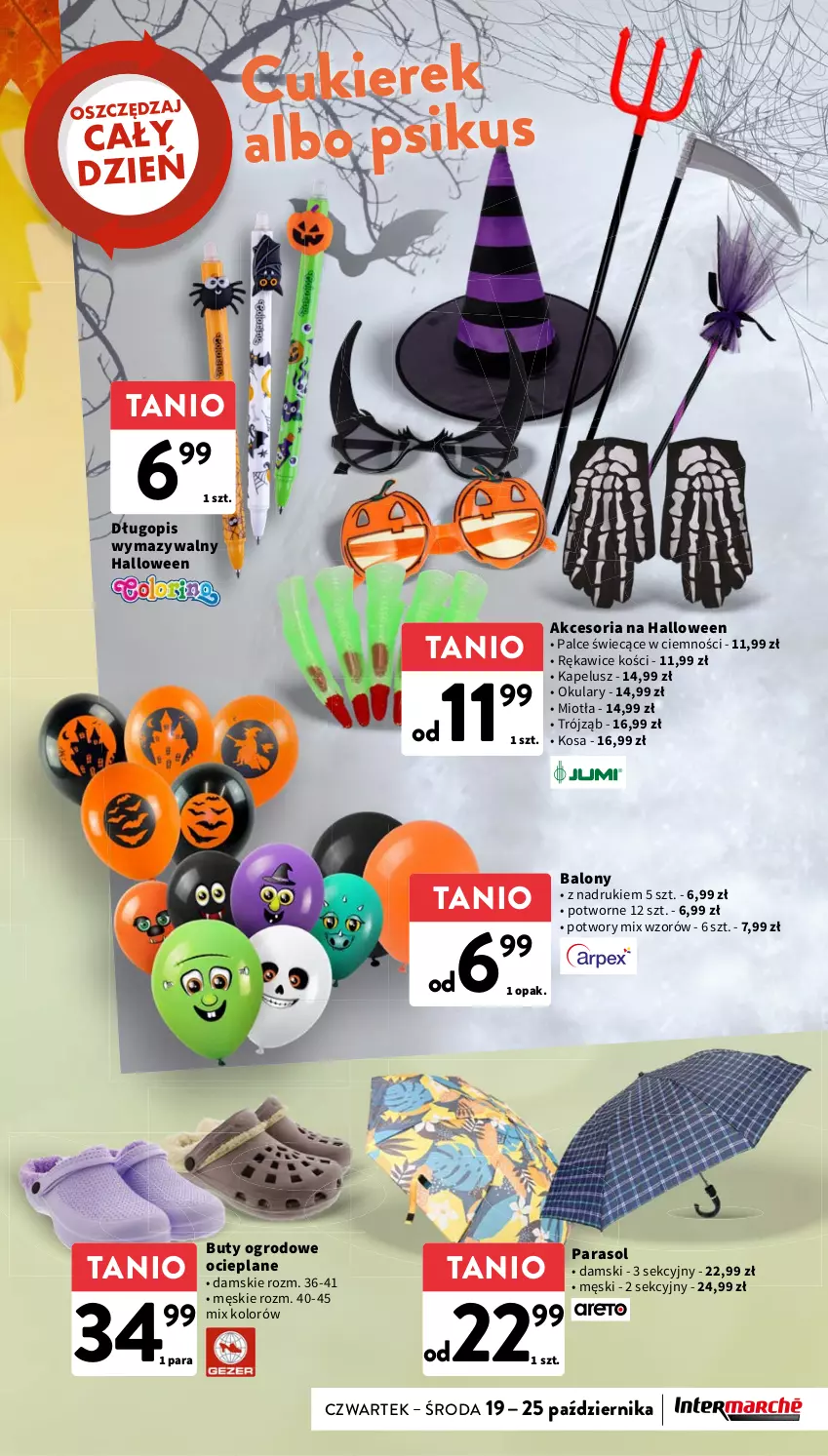 Gazetka promocyjna Intermarche - Gazetka Intermarche - ważna 19.10 do 25.10.2023 - strona 37 - produkty: Balony, Buty, Buty ogrodowe, Cukier, Długopis, Miotła, Parasol, Rękawice