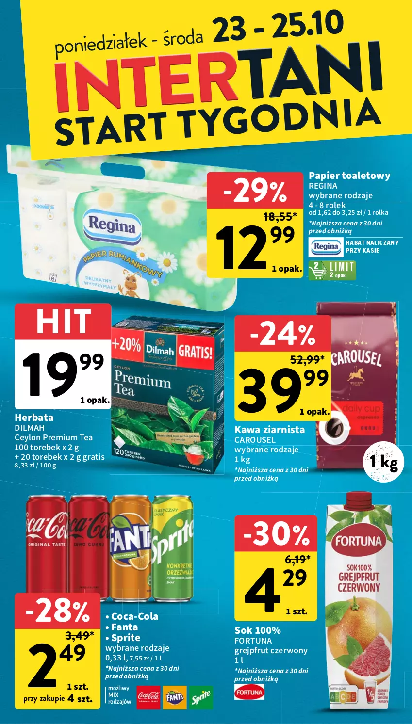 Gazetka promocyjna Intermarche - Gazetka Intermarche - ważna 19.10 do 25.10.2023 - strona 38 - produkty: Coca-Cola, Dilmah, Fa, Fanta, Fortuna, Gin, Gra, Grejpfrut, Herbata, Kawa, Kawa ziarnista, Papier, Papier toaletowy, Sok, Sprite