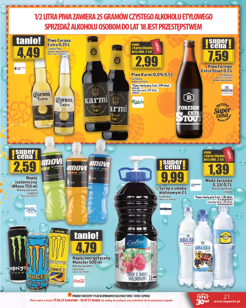 Gazetka promocyjna Topaz - Gazetka - ważna 29.06 do 05.07.2023 - strona 21 - produkty: Carlsberg, Coca-Cola, Corona Extra, Fa, Gra, Karmi, Napój, Napój energetyczny, Piwa, Piwo, Syrop, Top, Woda