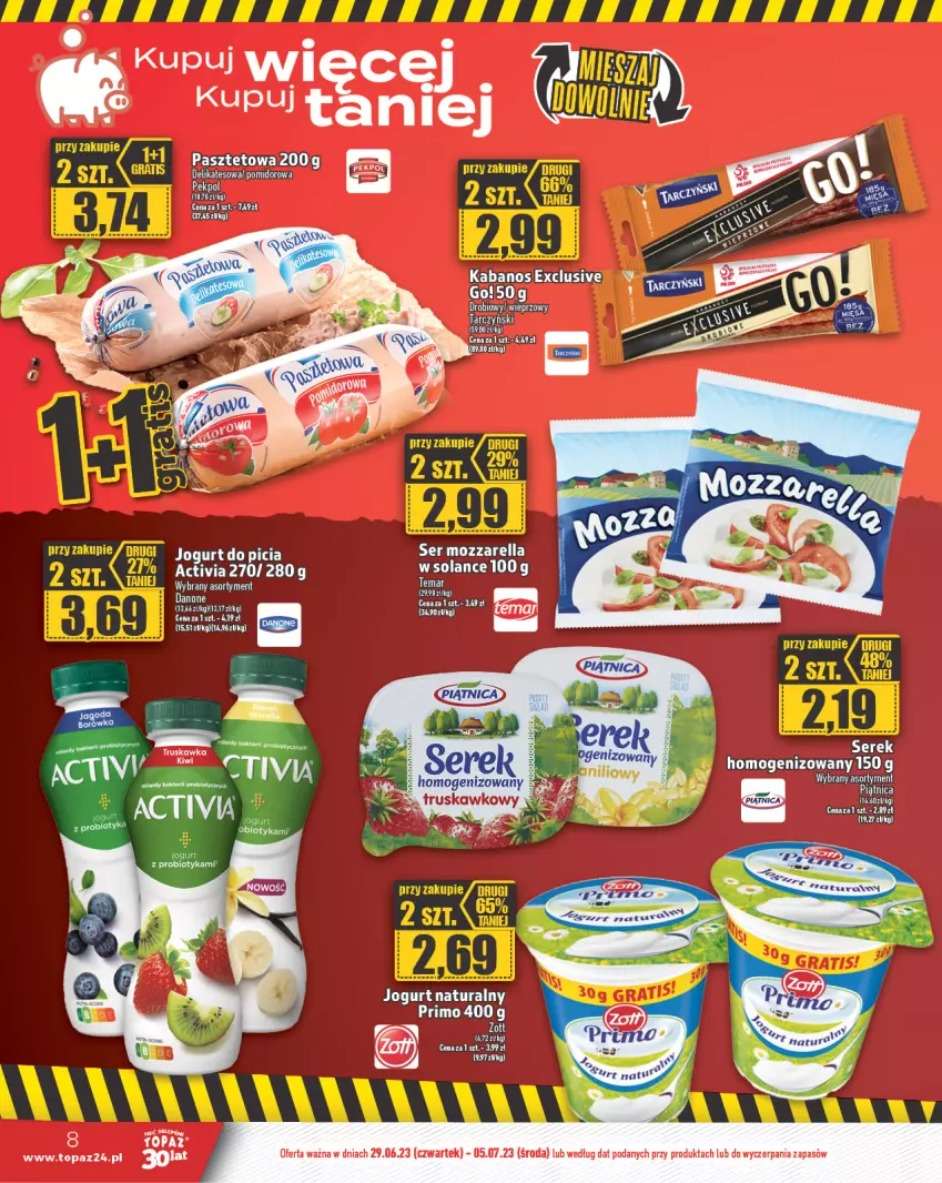 Gazetka promocyjna Topaz - Gazetka - ważna 29.06 do 05.07.2023 - strona 8 - produkty: Fa, Jogurt, Jogurt naturalny, Kabanos, Mozzarella, Pasztet, Probiotyk, Ser, Serek, Solan, Tarczyński, Top