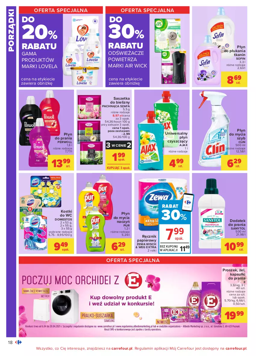 Gazetka promocyjna Carrefour - Gazetka Carrefour - ważna 05.04 do 17.04.2021 - strona 18 - produkty: Air Wick, Ajax, Clin, Do mycia naczyń, Domestos, Fa, Kapsułki do prania, Kosz, Lovela, Papier, Perwoll, Płyn do mycia, Płyn do mycia naczyń, Płyn do płukania, Płyn do prania, Por, Pur, Ręcznik, Rolki, Sanytol, Szafa, Uniwersalny płyn czyszczący